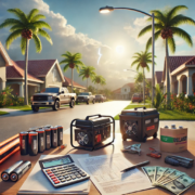 A peaceful Florida neighborhood with palm trees and sunny skies, featuring tax documents, a calculator, and tools like a generator and toolbox, symbolizing savings during Florida’s Tool Time Sales Tax Holiday.